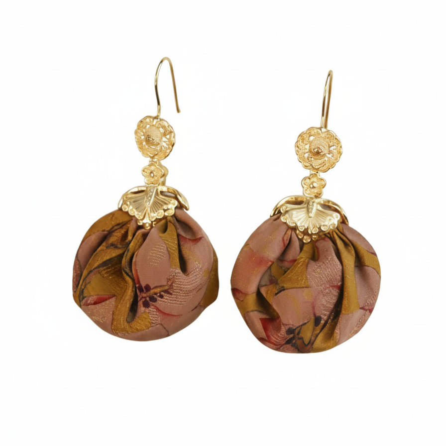 Xiangyunsha fabric ball drop earrings on white background