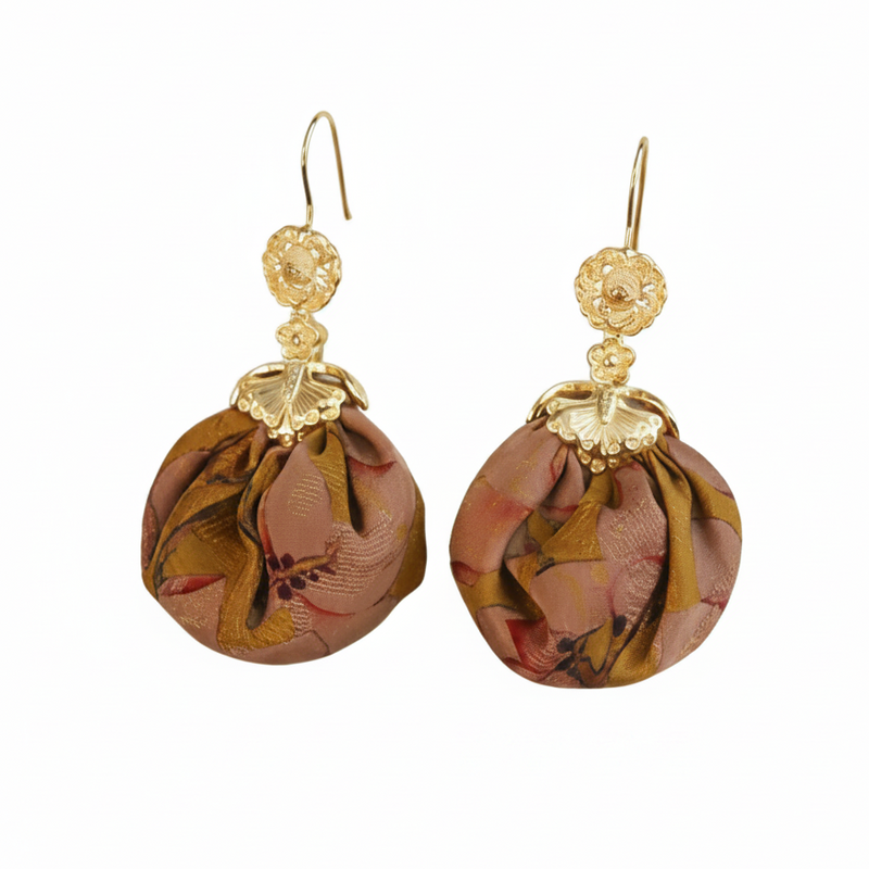 Xiangyunsha fabric ball drop earrings on white background