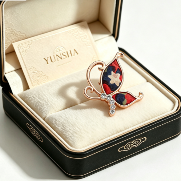 Xiangyunsha butterfly brooch in crimson floral Xiangyunsha presented in YUNSHA gift box