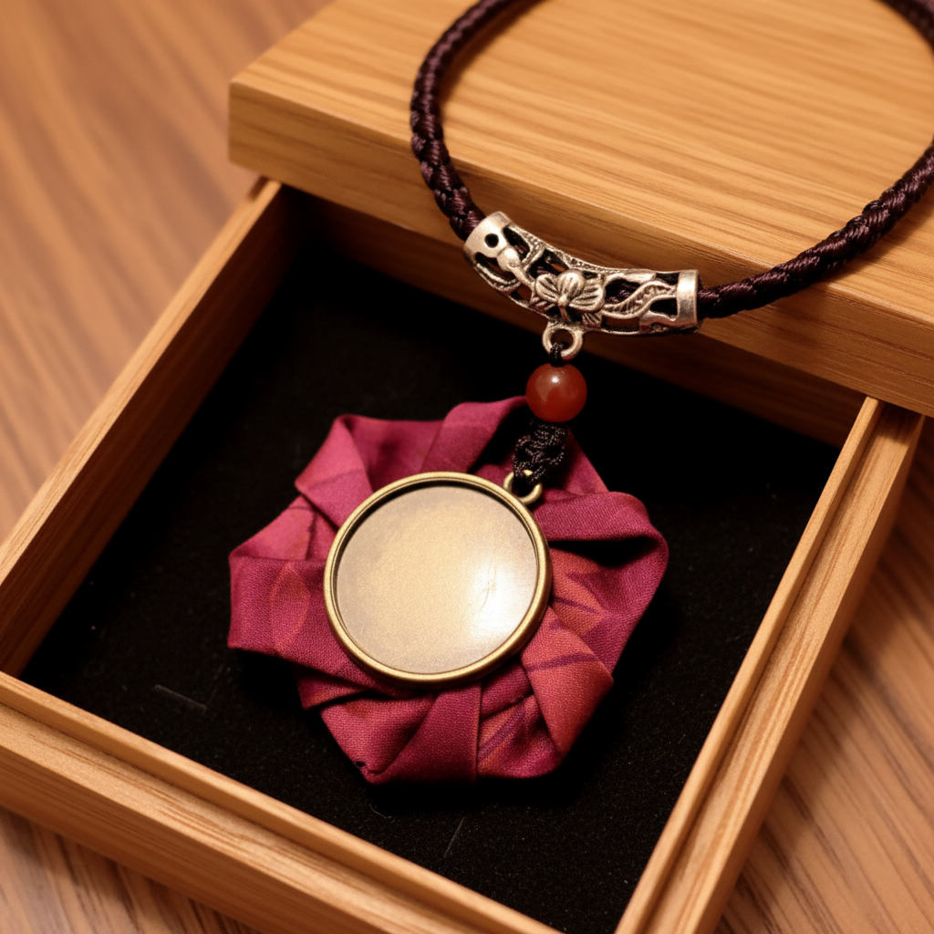香云纱玫瑰花项链 红色大花 – Gambiered Canton Gauze Rose Necklace Red large