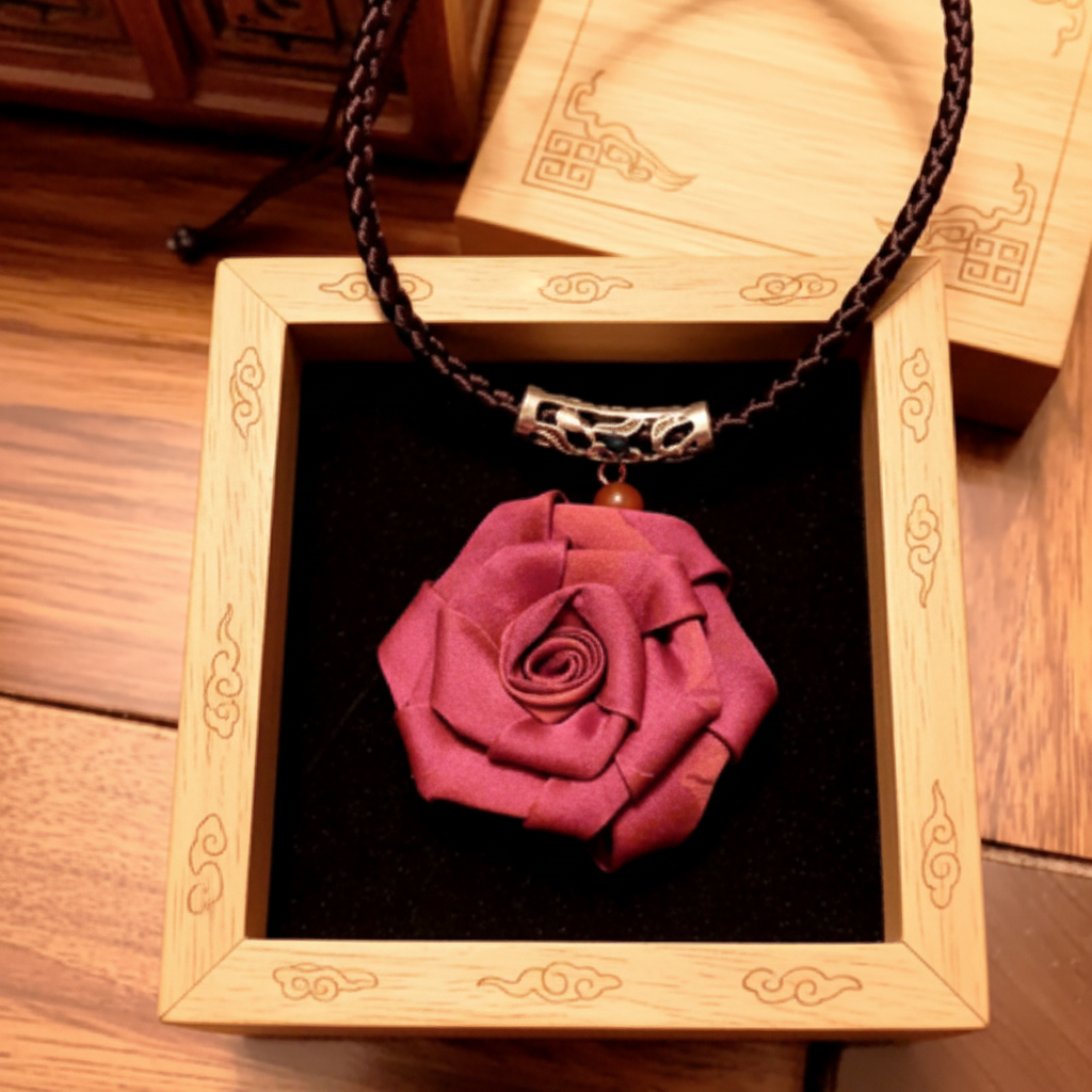 香云纱玫瑰花项链 红黑色 – Gambiered Canton Gauze Rose Necklace Red Dark