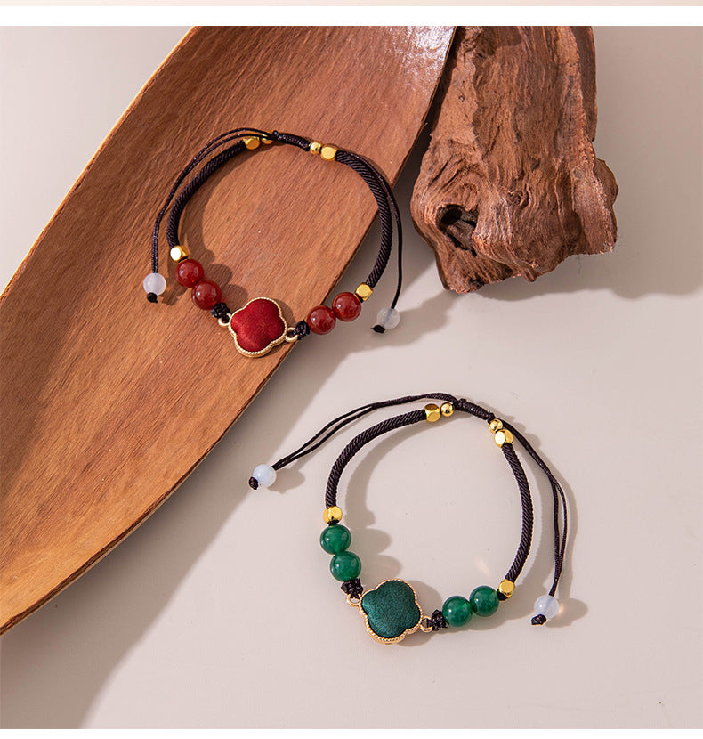 Gambiered Canton Gauze Four-Leaf Clover Bracelet – Red, worn on wrist