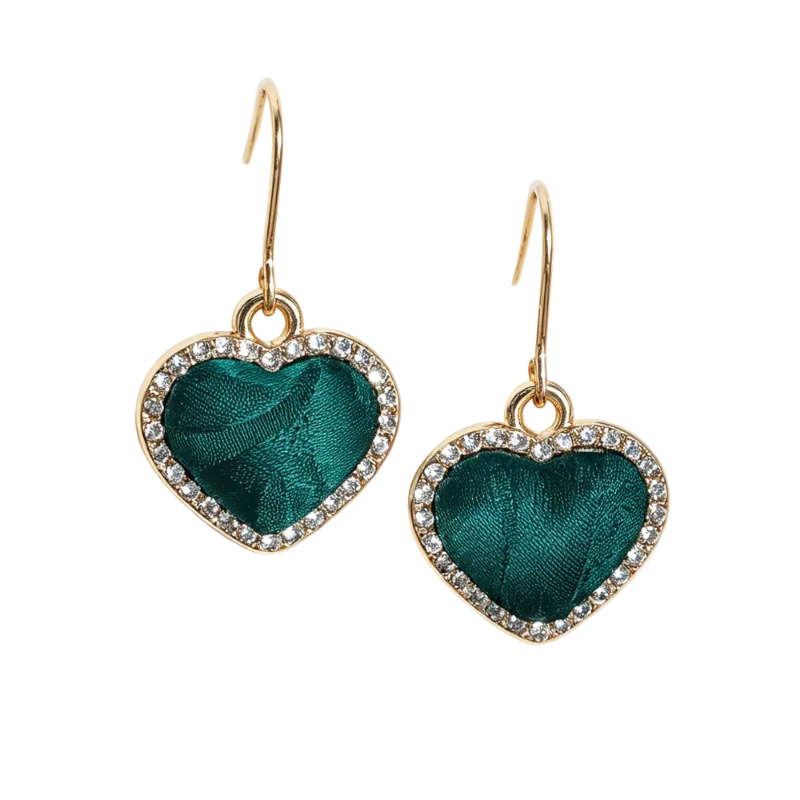 Xiangyunsha forest green heart earrings with crystal frame, hook style