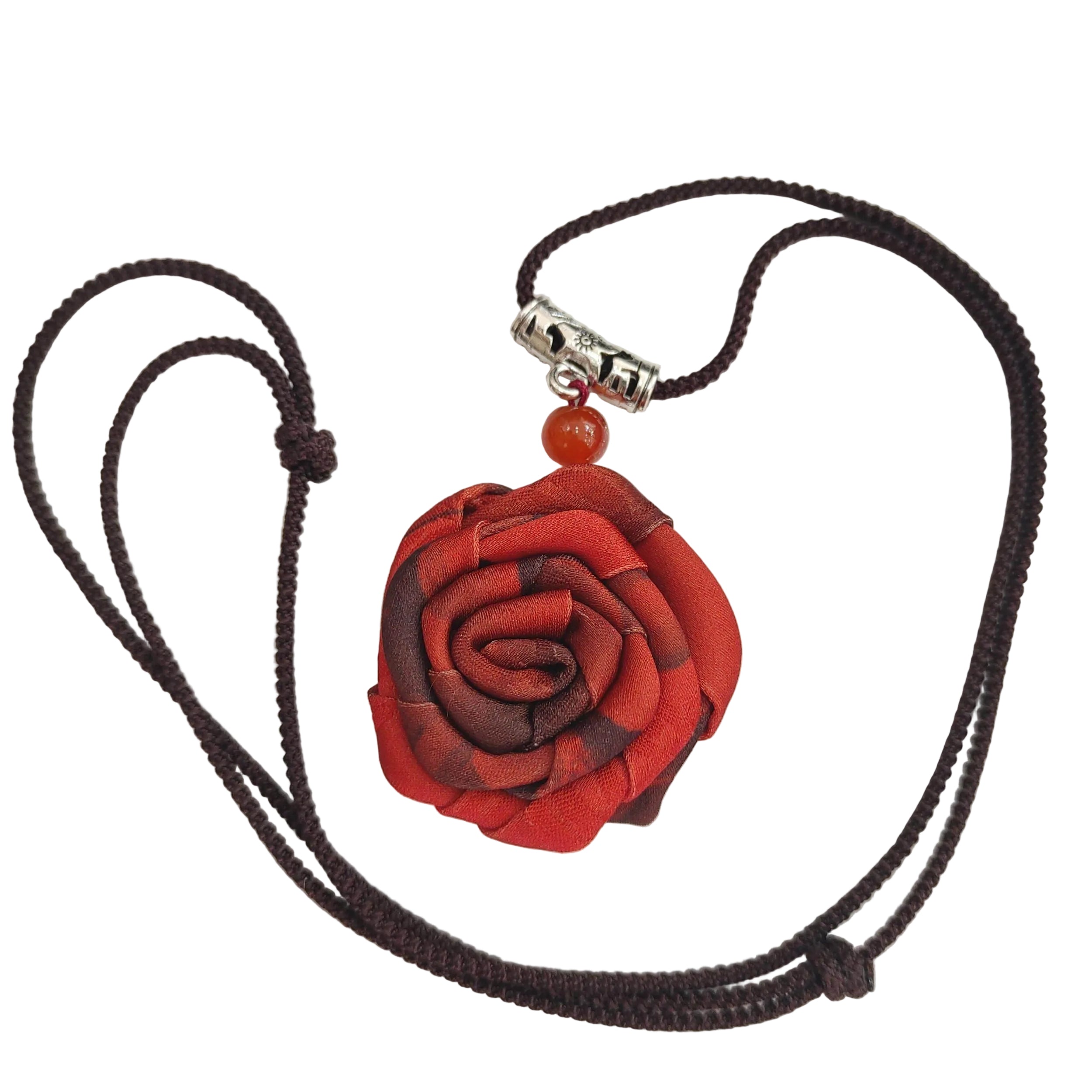 香云纱玫瑰花项链 红色 – Gambiered Canton Gauze Rose Necklace Red