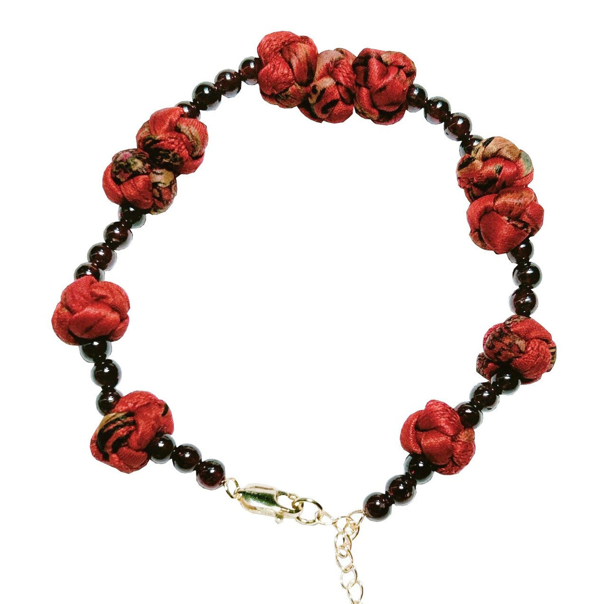 Xiangyunsha silk rose knot bracelet in forest green, gold clasp detail on wrist